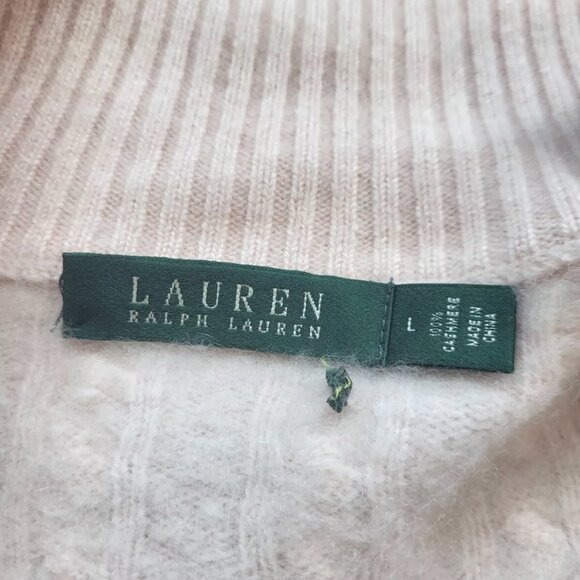 RALPH LAUREN 100% CASHMERE Pale Pink Gold Zip Logo Cable Knit Turtleneck Sweater - Picture 8 of 9